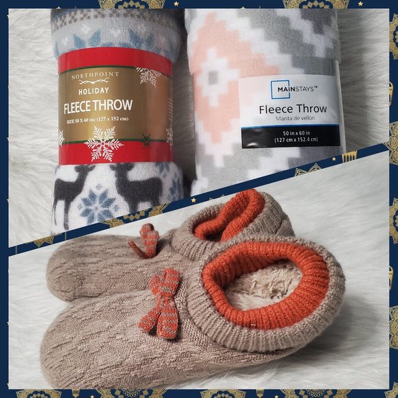 NEW! Soft & Cuddle Bundle: 2 Fleece Throws & Slippers - Picture 1 of 9